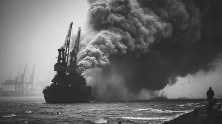 A black and white image capturing a ship engulfed in flames, billowing smoke, and a person observing the disaster on the coast.の素材