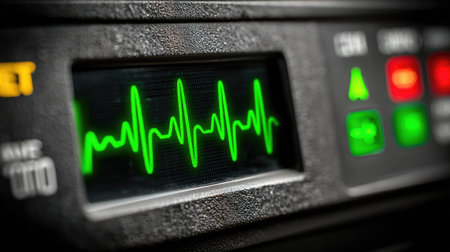 A close-up shot of a medical device displaying a heart rate monitor, with a green waveform.の素材