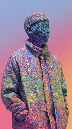 A vibrant portrait of a person wearing a colorful coat, showcasing artistic expression and unique style.の素材