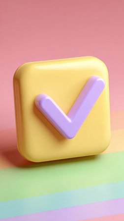 A 3D rendered checkmark icon on a yellow square, representing confirmation and success.の素材