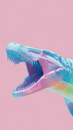 A vibrant image of a dinosaur head with open mouth, set against a soft pink backdrop.の素材