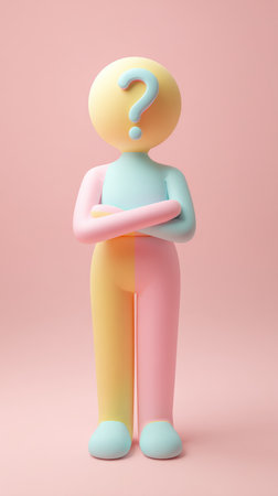 A vibrant illustration of a figure with a question mark, arms crossed, on a pink background.の素材
