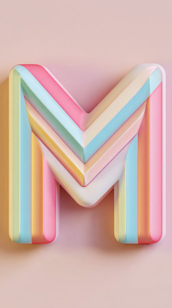 A vibrant, pastel rainbow-striped letter M against a soft pink backdrop. Ideal for design projects.の素材