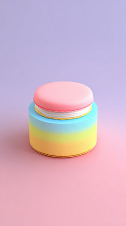 A colorful jar with a pink lid on a pink surface. The jar is cylindrical and has a gradient of colors.の素材