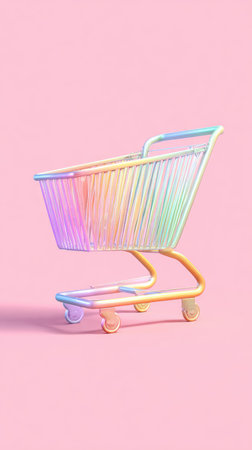 A vibrant image of a shopping cart with a rainbow gradient against a soft pink backdrop.の素材