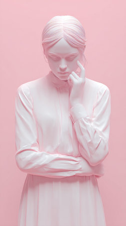 A serene statue of a woman in a thoughtful pose, rendered in soft pink hues.の素材