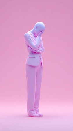 A monochromatic figure in a pink setting, lost in thought, evoking a sense of introspection and contemplation.の素材