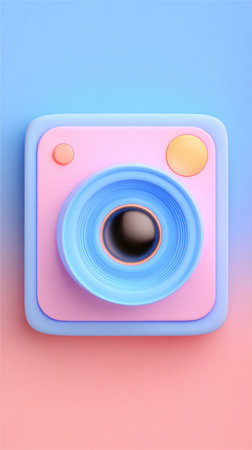 A colorful 3D rendered camera icon with a pink and blue color scheme, perfect for design projects.の素材