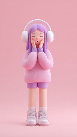 A 3D cartoon girl wearing headphones, dressed in pink, listening to music, with her eyes closed and hands on her cheeks.の素材