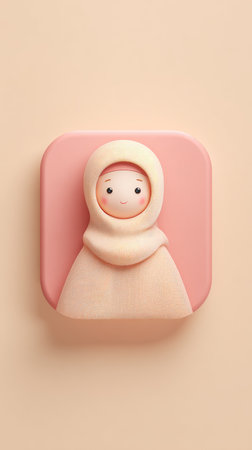 A charming cartoon character wearing a pink hood, set against a matching square background.の素材