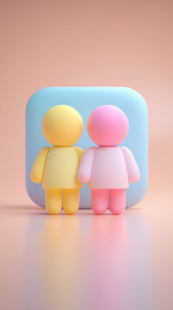 Two adorable figures, one yellow and one pink, stand before a blue square, creating a charming and colorful scene.の素材