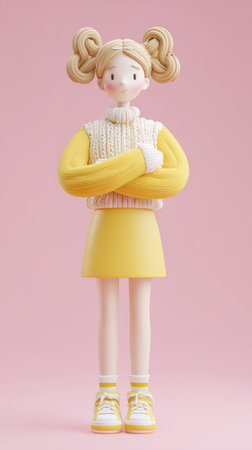 A charming cartoon girl with blonde pigtails, wearing a yellow outfit, and crossing her arms.の素材