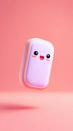 A charming cartoon character with a smiling face, floating against a soft pink backdrop, creating a playful and cheerful visual.の素材