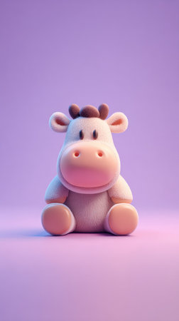 A cute cartoon cow toy sitting on a purple background, perfect for childrens illustrations and designs.の素材