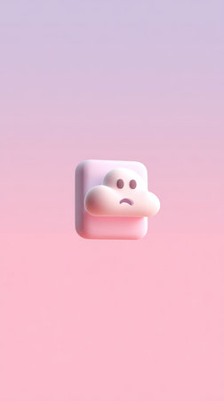 A cute cartoon character with a sad expression on a pink background. The character is a cube with a cloud-like nose and eyes.の素材