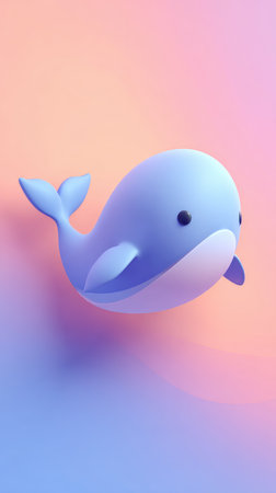 A charming cartoon whale illustration with a soft blue hue, set against a gradient of pastel colors, creating a whimsical and inviting scene.の素材