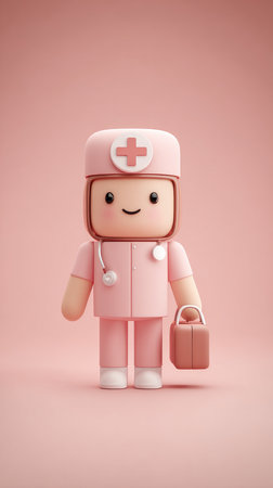 A charming cartoon nurse in a pink uniform, carrying a medical bag, perfect for healthcare themes.の素材
