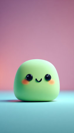 A charming illustration of a green blob character with a happy expression and rosy cheeks, perfect for various creative projects.の素材