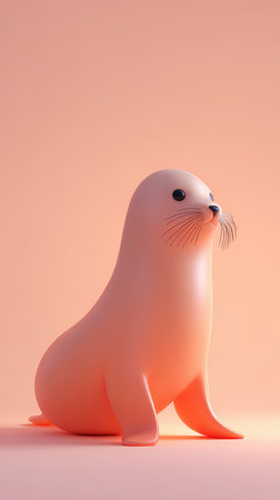 A charming cartoon seal with a smooth, minimalist design, set against a soft pink backdrop.の素材