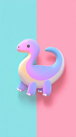 A charming pastel dinosaur figure set against a vibrant split background of pink and blue.の素材