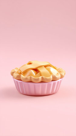 A close-up shot of a delicious apple pie in a pink ceramic bowl on a pink background. The pie is golden brown and has a flaky crust. The bowl is a light pink color and has a ribbed design. The background is a solid pink color.の素材