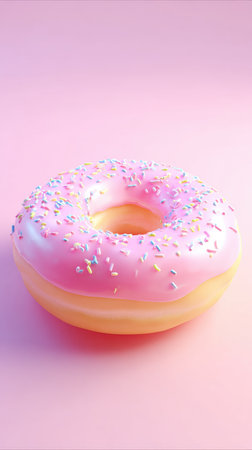 A close-up shot of a pink donut with sprinkles, set against a soft pastel pink backdrop. The donut is the focal point, showcasing its texture and details.の素材