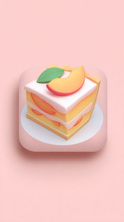 A beautifully rendered peach cake slice on a pink background, perfect for food-related projects.の素材