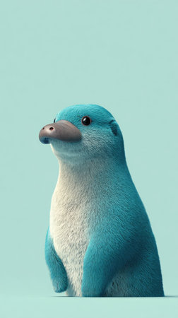 A unique and adorable blue creature, a hybrid of a duck and a penguin, standing against a light blue background.の素材