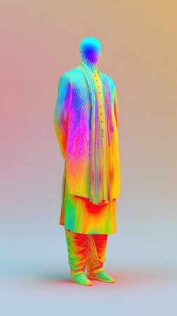 A vibrant, digitally rendered figure in traditional attire, showcasing a spectrum of colors, set against a soft, neutral backdrop.の素材