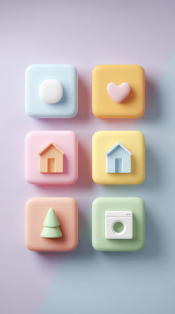 A collection of six square blocks, each with a unique shape and color, arranged in a grid.の素材