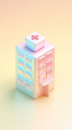 A vibrant, pixelated illustration of a hospital building, complete with a red cross symbol on the roof, showcasing a modern, digital art style.の素材