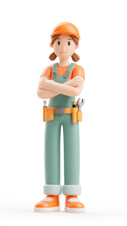 A 3D rendered image of a female construction worker with arms crossed, wearing a hard hat and overalls.の素材