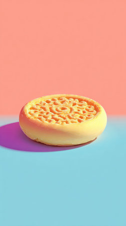 A close-up shot of a crumpet on a two-tone background, showcasing the food item.の素材