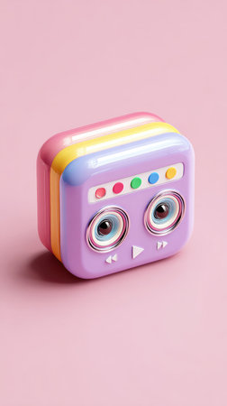 A close-up of a cute, colorful retro radio toy on a pink background. The toy has a square shape and a rainbow-colored top.の素材