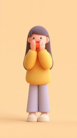 A cute cartoon character with a surprised expression, wearing a yellow sweater and purple pants.の素材