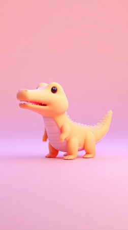 A charming, cartoon-like dinosaur toy, rendered in soft, warm colors, is set against a gradient pink backdrop.の素材