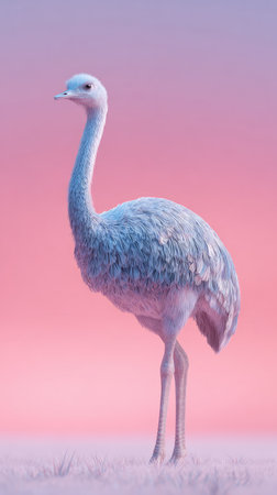 A beautiful emu bird stands tall, its feathers shimmering in the soft light of a pink and purple sunset.の素材