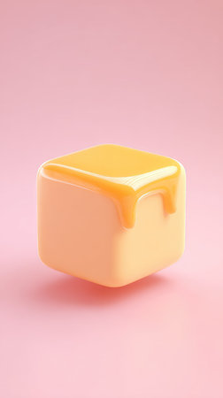 A close-up shot of a cube with yellow drizzle on a pink background.の素材