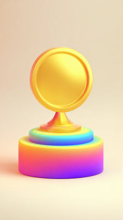 A vibrant trophy with a rainbow base and a gold coin, symbolizing achievement and success.の素材