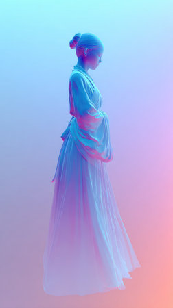 A woman in a kimono is illuminated by neon lights, creating a striking visual effect.の素材