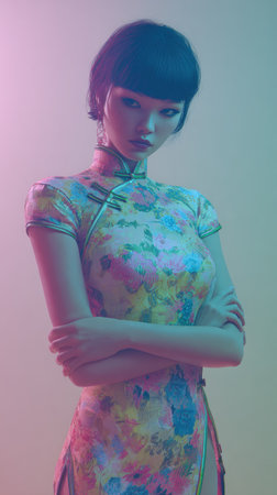 A beautiful woman in a floral dress with arms crossed, looking at the viewer.の素材
