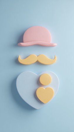 Fathers Day concept with a hat, mustache, and heart-shaped elements, symbolizing love and appreciation.の素材