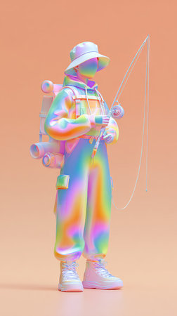 A vibrant and artistic depiction of a fisherman in holographic colors, holding a fishing rod against a soft background.の素材