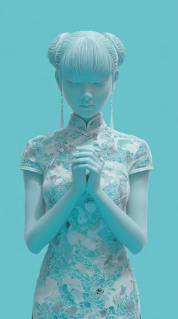 A serene image of a woman in traditional attire, hands clasped, with a soft, ethereal aesthetic.の素材