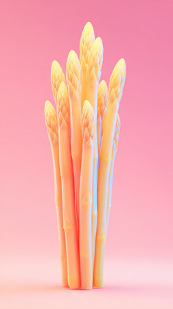 A bunch of fresh white asparagus spears against a soft pink backdrop.の素材