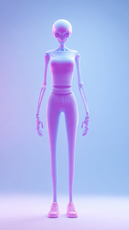 A sleek, stylized humanoid figure bathed in a gradient of purple and blue neon light, creating a futuristic and ethereal aesthetic.の素材