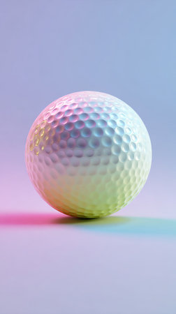 A golf ball with a dimpled surface, illuminated by colorful lighting, creating a visually appealing image.の素材