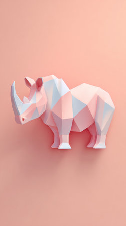 A low-poly rhino sculpture in pastel colors against a soft pink backdrop, creating a modern and artistic feel.の素材