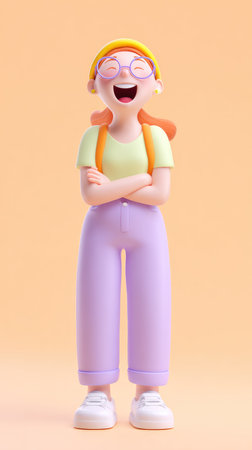 A cheerful cartoon character with glasses, a backpack, and crossed arms, standing in front of a light orange background.の素材