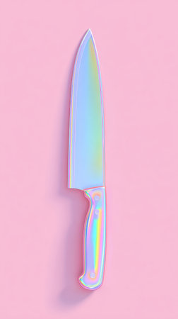 A close-up shot of an iridescent chef knife against a pink background, showcasing its design.の素材